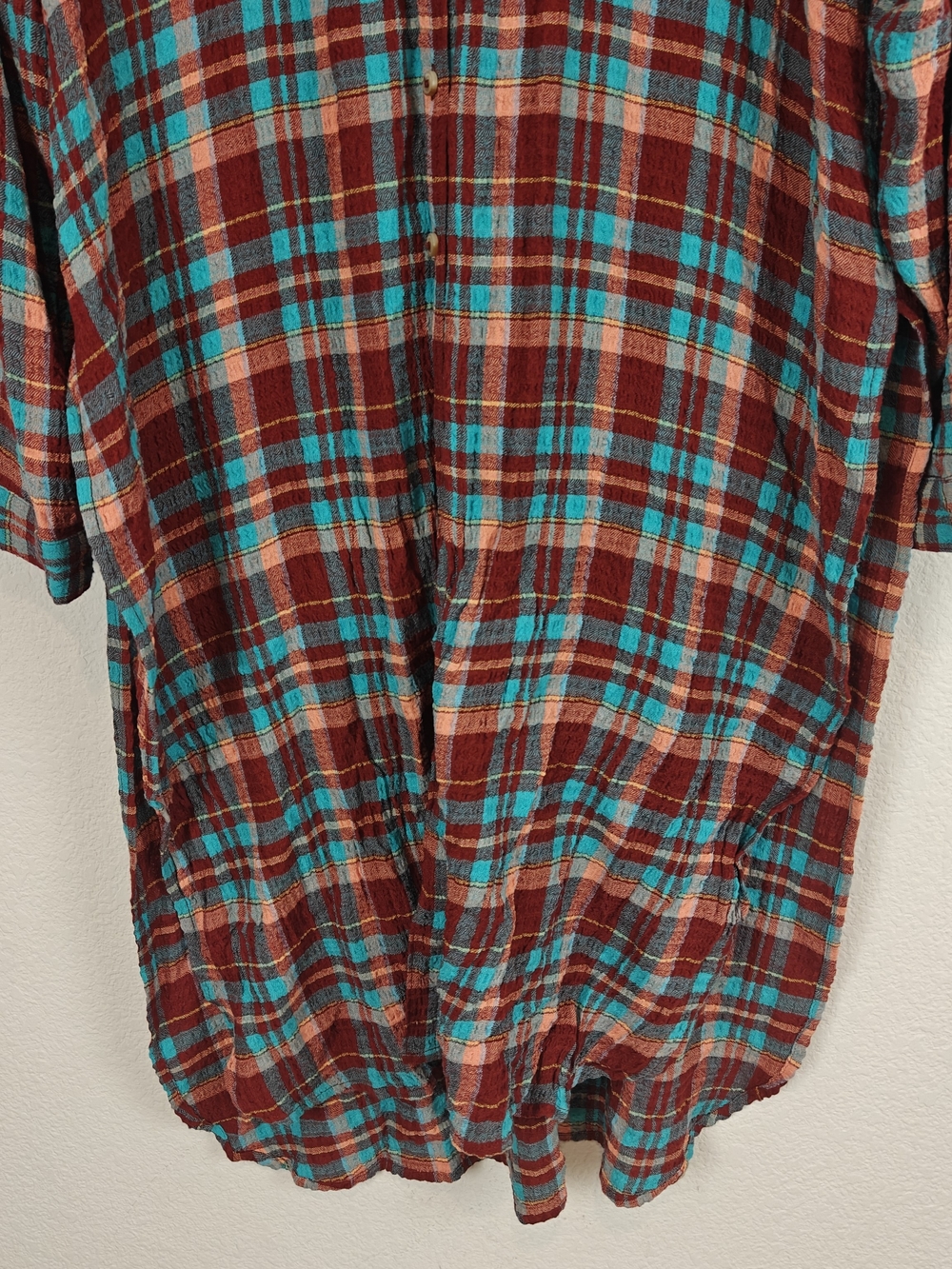 Pilcro Long Plaid Button-Down Shirt Dress in Burgundy and Teal - Picture 4 of 16